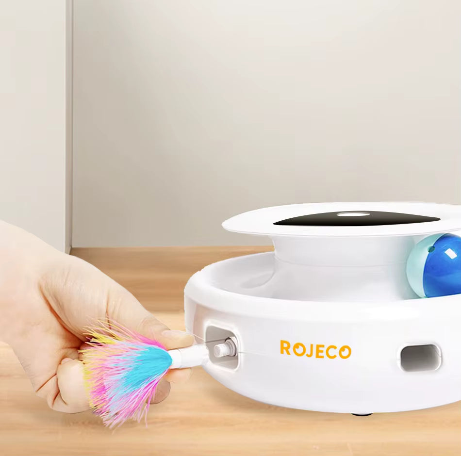 ROJECO Elektronisches Interaktives Katzenspielzeug mit Zufalls-Federn – Automatischer Versteckspiel-Roboter mit 5 Modi & Ersatz-Federn