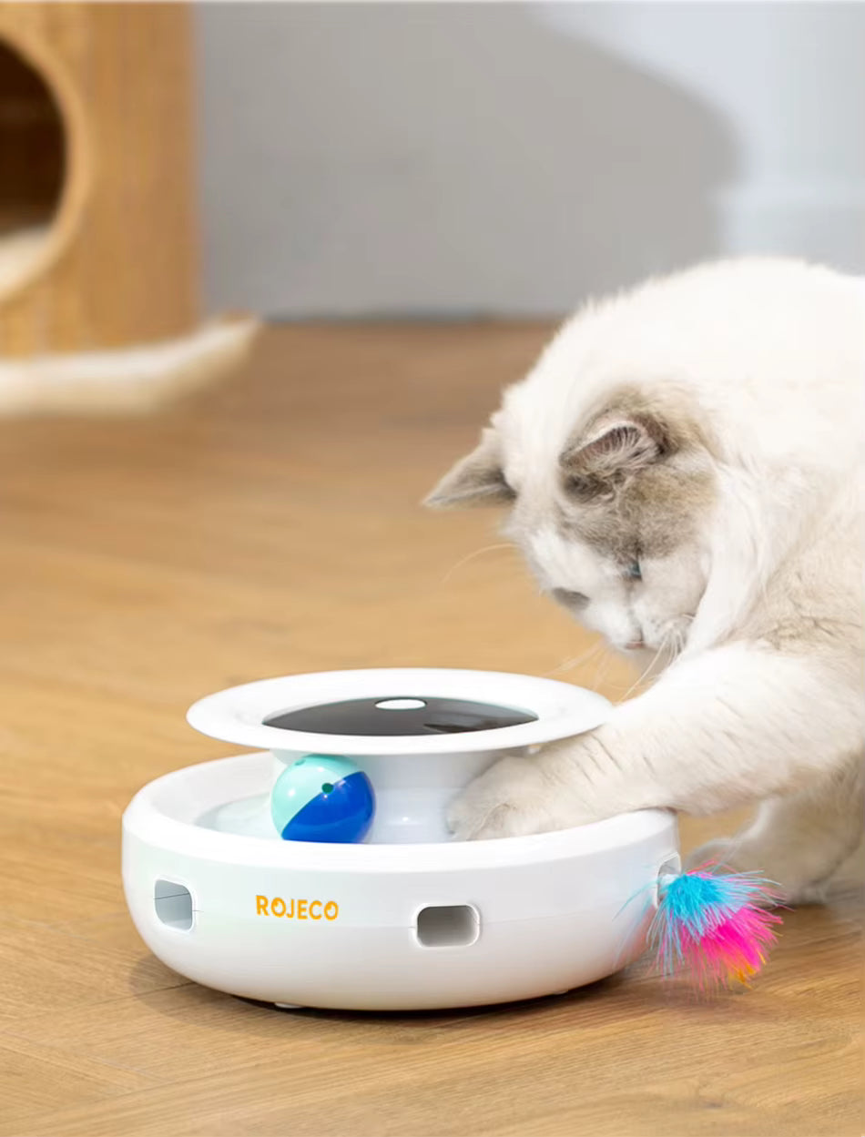 ROJECO Elektronisches Interaktives Katzenspielzeug mit Zufalls-Federn – Automatischer Versteckspiel-Roboter mit 5 Modi & Ersatz-Federn